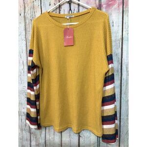 NWT Aceshin Gold Waffle Pattern Top with Colorful Sleeves Size Small ❤️💕